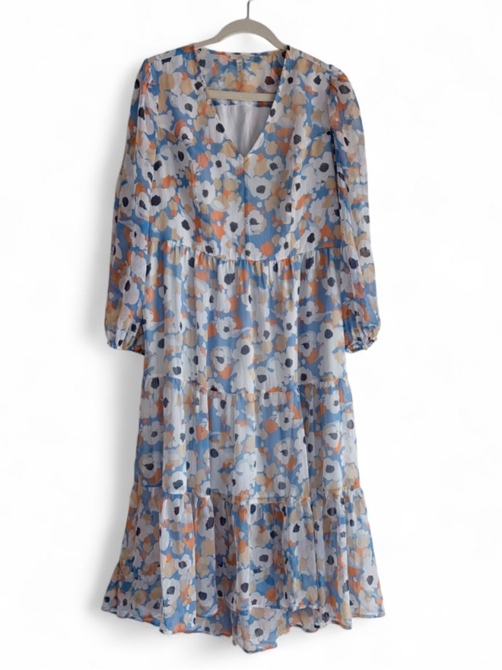 Joie Blue Floral Chiffon V Neck Tiered Ruffle Midi Dress Size M
